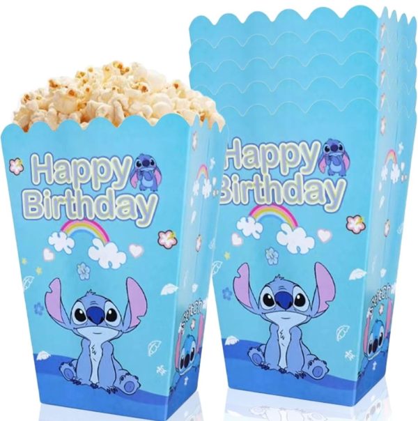 6P Popcorn Boxes Stitch, Popcorn Favor Boxes, Blue Paper Popcorn Boxes Cardboard Candy Container Paper Bags Fun for Kids Birthday Supply