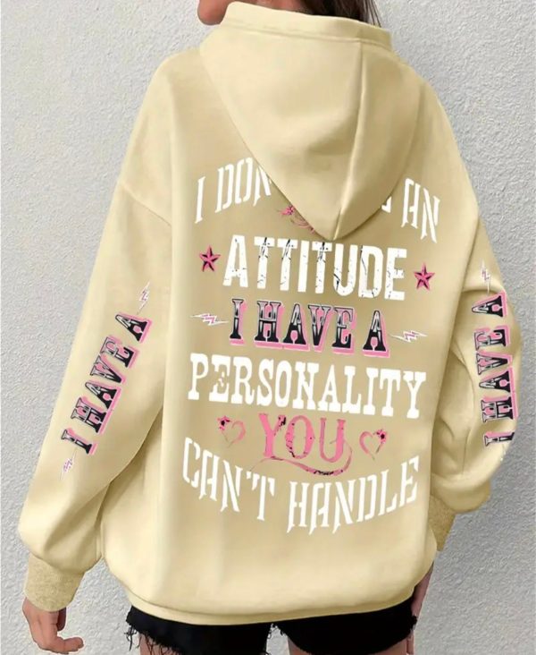 1pc Casual Polyester Hooded Sweatshirt with Slight Stretch, Long Sleeve Alphabet Print Pullover, All-Season Knit Fabric Top with Letter Pattern Design For Sale