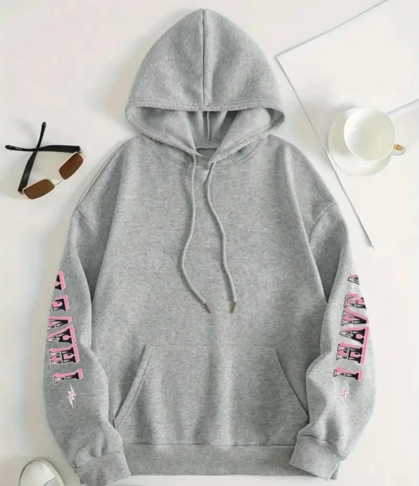 1pc Casual Polyester Hooded Sweatshirt with Slight Stretch, Long Sleeve Alphabet Print Pullover, All-Season Knit Fabric Top with Letter Pattern Design For Sale