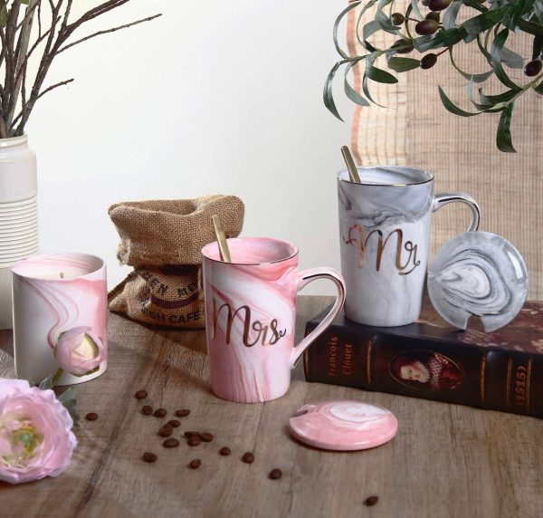 Anniversary Couple Gifts, Mr and Mrs Coffee Cups Set, Wedding Gifts for Bridal and Groom, Anniversary Engagement Gifts for Him Her Marble Ceramic Mugs 14 Oz For Sale